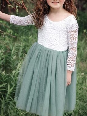 2BUNNIES Youth Girls White Lace Top Green Tulle Dress Sz 7/8 Formal Wedding Chic
